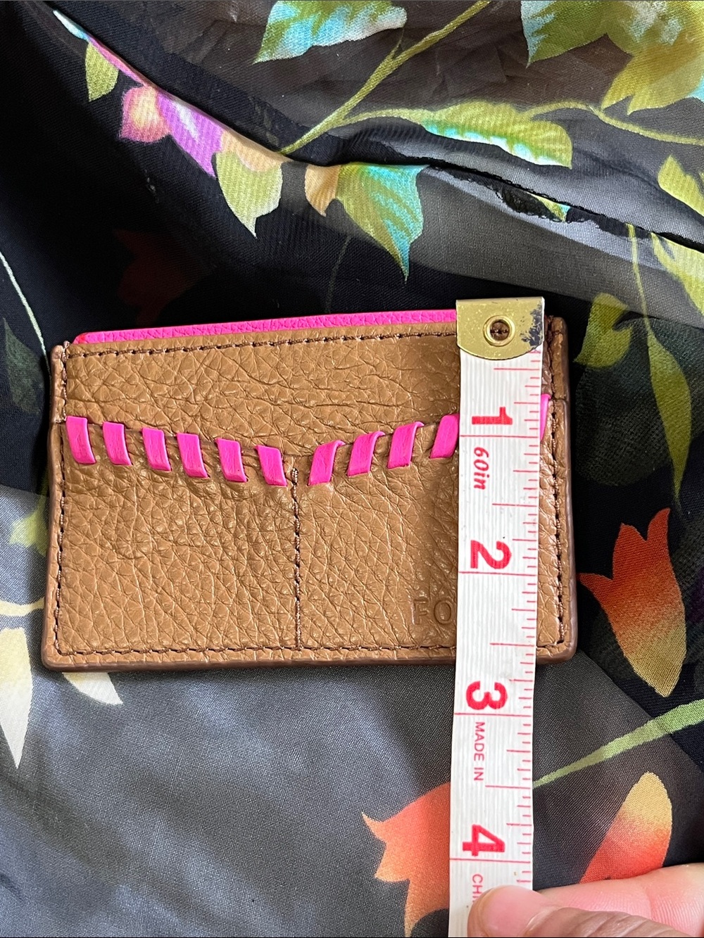 Fossil Tan Pebbled Leather Card & Key Holder with Hot Pink Accent - Picture 9 of 9